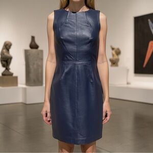 TRINA TURK Navy Blue Leather Sleek Sleeveless Sheath Dress Sz 4